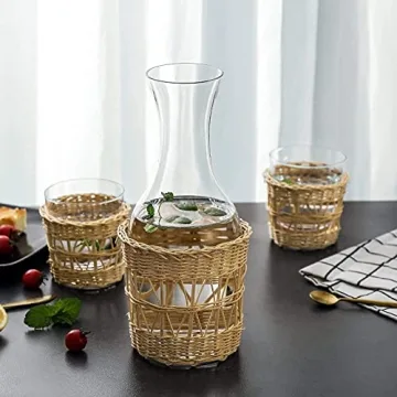Bedside Glass Carafe & Cups Set with Hand-Woven Rattan