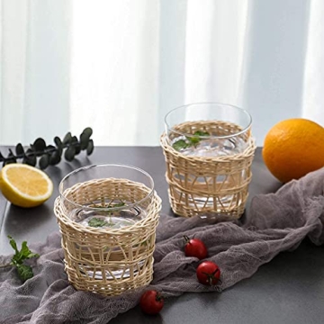 Bedside Glass Carafe & Cups Set with Hand-Woven Rattan