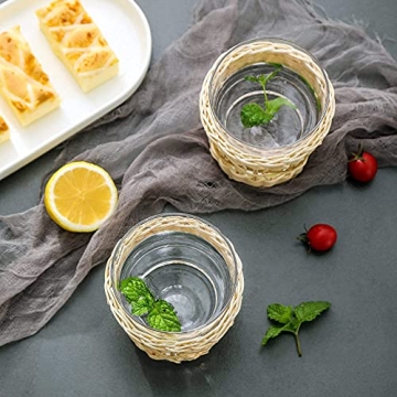 Bedside Glass Carafe & Cups Set with Hand-Woven Rattan