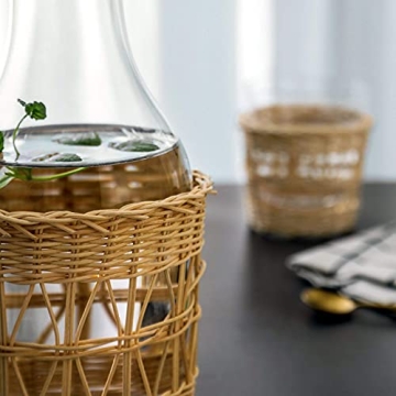 Bedside Glass Carafe & Cups Set with Hand-Woven Rattan