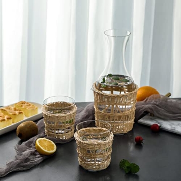 Bedside Glass Carafe & Cups Set with Hand-Woven Rattan