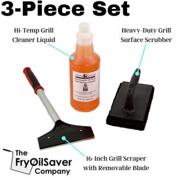 3pcs Combo Griddle Cleaning Kit, Premium Scraper & Heavy Duty Scrubber Pad with Hi-Temp Grill Liquid Cleaner for Flat Top Grills & Blackstone Griddle Accesories for BBQ Cleaning Kit by FryOilSaver Co.
