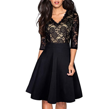 Elegant V-Neck Lace Patchwork Flare Dress for Women - Perfect Party Wear