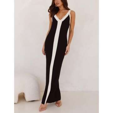 Women's Sleeveless V Neck Contrast Color Block Maxi Dress