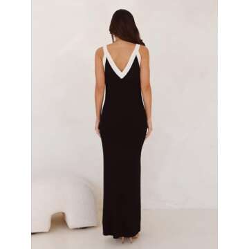 Women's Sleeveless V Neck Contrast Color Block Maxi Dress
