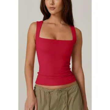 QINSEN Women's Sleeveless Square Neck Tank Tops in Red