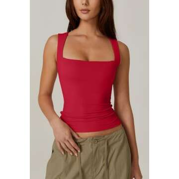 QINSEN Women's Sleeveless Square Neck Tank Tops in Red