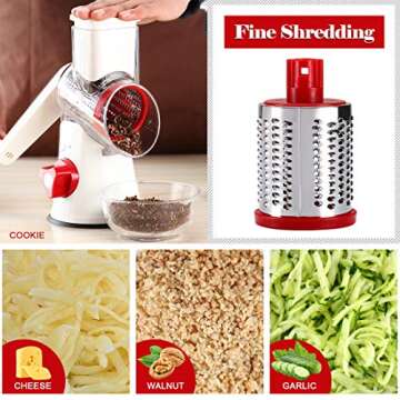 Ourokhome Rotary Cheese Grater Hand Crank, Kitchen Shredder Speed Mandolin Slicer Nuts Grinder with Handle and Drum Blades for Cheese, Vegetable, Chocolate, Potato, Carrot, 3 Blades, White Red
