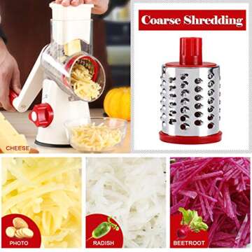 Ourokhome Rotary Cheese Grater Hand Crank, Kitchen Shredder Speed Mandolin Slicer Nuts Grinder with Handle and Drum Blades for Cheese, Vegetable, Chocolate, Potato, Carrot, 3 Blades, White Red