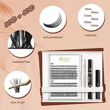 QUEWEL Lash Clusters Kit, 240 Pcs Lash Clusters 30D+40D DIY Lash Extensions Kit with Applicator Tool, Bond and Seal Super Hold, Glue Remover Easy to Apply at Home(30D+40D D MIX8-14)