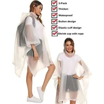 HOOMBOOM Unisex Rain Ponchos 2 Packs for Adults Waterproof Emergency Rain Coat White