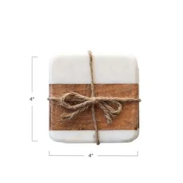 Creative Co-Op Marble & Acacia Wood, White & Natural, Set of 4 Coaster, 4"