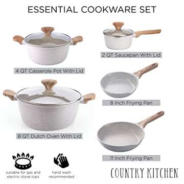 Country Kitchen Non-Stick Cast Aluminum Cookware Set - Durable Kitchen Cookware for Everyday Cooking...