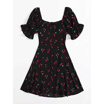 Floerns Women's Summer Drawstring Sweetheart Neck Puff Sleeve A Line Short Dress