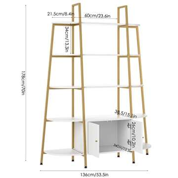 FINETONES Triple Wide 5-Tier Bookcase with Cabinet, White Bookshelf with Gold Metal Frame, Industrial Style Free Standing Bookshelf, Adjustable Feet, Large Open Display Shelves for Home & Office