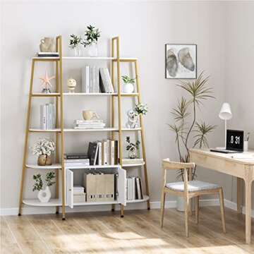 FINETONES Triple Wide 5-Tier Bookcase with Cabinet, White Bookshelf with Gold Metal Frame, Industrial Style Free Standing Bookshelf, Adjustable Feet, Large Open Display Shelves for Home & Office