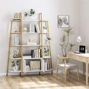 FINETONES Triple Wide 5-Tier Bookcase with Cabinet, White Bookshelf with Gold Metal Frame, Industrial Style Free Standing Bookshelf, Adjustable Feet, Large Open Display Shelves for Home & Office