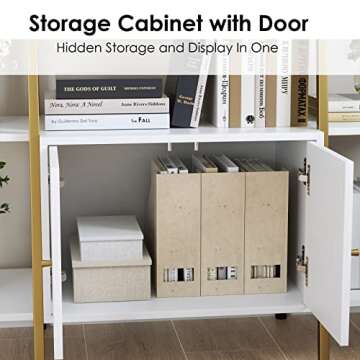 FINETONES Triple Wide 5-Tier Bookcase with Cabinet, White Bookshelf with Gold Metal Frame, Industrial Style Free Standing Bookshelf, Adjustable Feet, Large Open Display Shelves for Home & Office