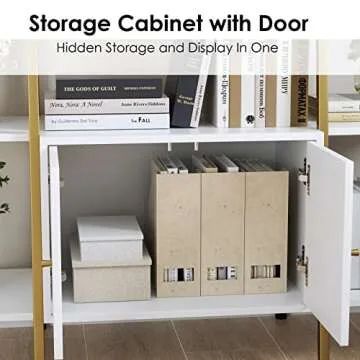 FINETONES Triple Wide 5-Tier Bookcase with Cabinet, White Bookshelf with Gold Metal Frame, Industrial Style Free Standing Bookshelf, Adjustable Feet, Large Open Display Shelves for Home & Office