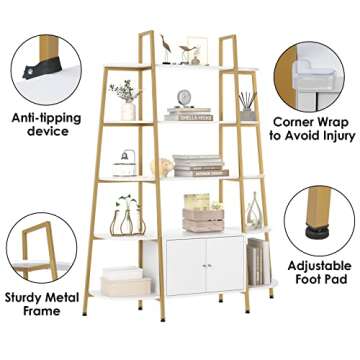 FINETONES Triple Wide 5-Tier Bookcase with Cabinet, White Bookshelf with Gold Metal Frame, Industrial Style Free Standing Bookshelf, Adjustable Feet, Large Open Display Shelves for Home & Office