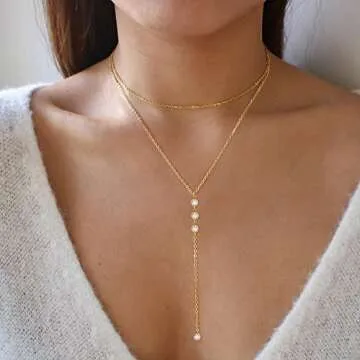 Freekiss Gold Pendant Necklace for Women, Dainty Diamond Necklaces for Women Simple 14K Gold Plated Paperclip Choker Necklaces Cute Minimalist Open Oval Necklaces Gold Jewelry for Women Gifts (3cz y necklace)