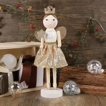 Joliyoou 14 Inch Christmas Wooden Nutcracker, Golden Fairy Nutcracker Holding A Star Wand Mantel Figurine, Xmas Nutcracker Tabletop Centerpieces Festival Shelves Decor
