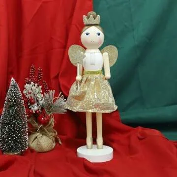 Joliyoou 14 Inch Christmas Wooden Nutcracker, Golden Fairy Nutcracker Holding A Star Wand Mantel Figurine, Xmas Nutcracker Tabletop Centerpieces Festival Shelves Decor