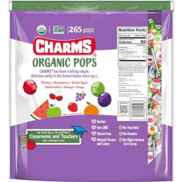 Charms Organic Pops (265 Count) – USDA Organic Fruit Candy Lollipops Made with All Natural Flavors and Ingredients – Dye-Free, Gluten- Free, Non-GMO, 3 lb Resealable Bag