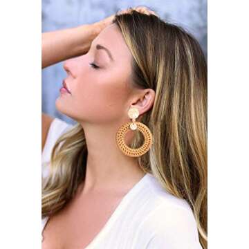 BSJELL Woven Rattan Earrings - Handmade Boho Chic Jewelry