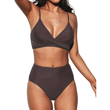 CUPSHE Womens Swimwear Bikini Sets Two Piece Swimsuit High Waisted V Neck Twist Front Adjustable Spa...