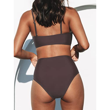 CUPSHE Womens Swimwear Bikini Sets Two Piece Swimsuit High Waisted V Neck Twist Front Adjustable Spaghetti Straps Bathing Suit, Large, Brown