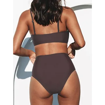 CUPSHE Womens Swimwear Bikini Sets Two Piece Swimsuit High Waisted V Neck Twist Front Adjustable Spaghetti Straps Bathing Suit, Large, Brown