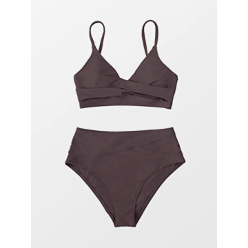 CUPSHE Womens Swimwear Bikini Sets Two Piece Swimsuit High Waisted V Neck Twist Front Adjustable Spaghetti Straps Bathing Suit, Large, Brown