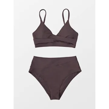 CUPSHE Womens Swimwear Bikini Sets Two Piece Swimsuit High Waisted V Neck Twist Front Adjustable Spaghetti Straps Bathing Suit, Large, Brown