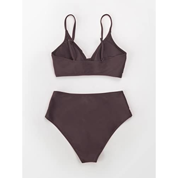 CUPSHE Womens Swimwear Bikini Sets Two Piece Swimsuit High Waisted V Neck Twist Front Adjustable Spaghetti Straps Bathing Suit, Large, Brown