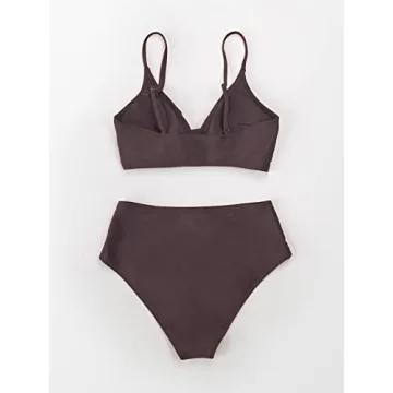 CUPSHE Womens Swimwear Bikini Sets Two Piece Swimsuit High Waisted V Neck Twist Front Adjustable Spaghetti Straps Bathing Suit, Large, Brown