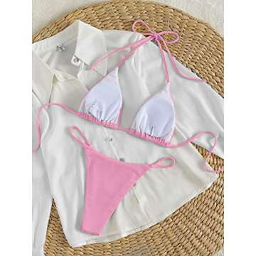 MakeMeChic Women's Solid Pink Halter Triangle High Cut Bikini