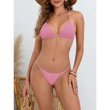 MakeMeChic Women's Solid Pink Halter Triangle High Cut Bikini