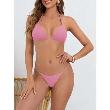 MakeMeChic Women's Solid Pink Halter Triangle High Cut Bikini