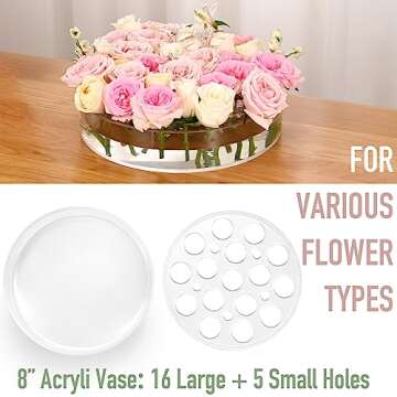GIVMOR COLOS Acrylic Flower Vase 8 in Dia. Circular Leak-Proof Clear Acrylic Low Vase with 16+5 Holes - Low-Profile Cylinder Floral Centerpiece for Table - Clear