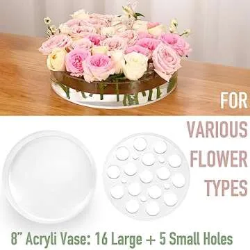 GIVMOR COLOS Acrylic Flower Vase 8 in Dia. Circular Leak-Proof Clear Acrylic Low Vase with 16+5 Holes - Low-Profile Cylinder Floral Centerpiece for Table - Clear