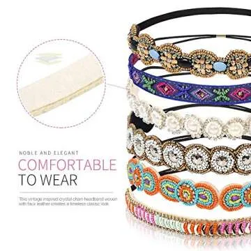 Teenitor 6 Pieces Elastic Rhinestone Beaded Women Headbands, Handmade Vintage Jewelry Hair Bands for Girl Hair Accessories 20-26.8’’ Multicolor