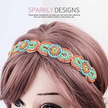 Teenitor 6 Pieces Elastic Rhinestone Beaded Women Headbands, Handmade Vintage Jewelry Hair Bands for Girl Hair Accessories 20-26.8’’ Multicolor
