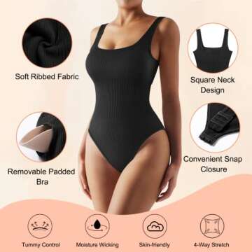 MOOSLOVER Women Sexy Ribbed Bodysuit Seamless Sleeveless Square Neck Tank Top Shapewear(M,Black)