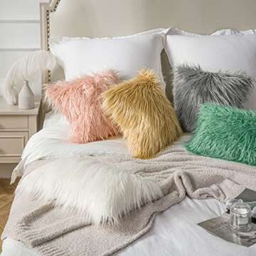 Phantoscope Faux Fur Solid Decorative Pillow Cover Fluffy Throw Pillow Mongolian Luxury Fuzzy Pillow Case Cushion Cover for Bedroom and Couch,Green 18 x 18 Inches