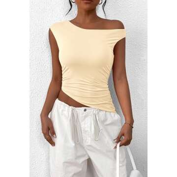 PRETTYGARDEN Womens 2025 Summer Off The Shoulder Crop Tops Sleeveless One Shoulder Ruched Asymmetrical Y2K Going Out Tank Top (Beige Yellow,Small)