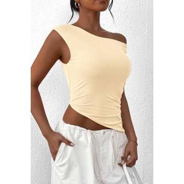 PRETTYGARDEN Womens 2025 Summer Off The Shoulder Crop Tops Sleeveless One Shoulder Ruched Asymmetrical Y2K Going Out Tank Top (Beige Yellow,Small)