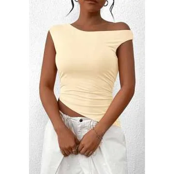 PRETTYGARDEN Womens 2025 Summer Off The Shoulder Crop Tops Sleeveless One Shoulder Ruched Asymmetrical Y2K Going Out Tank Top (Beige Yellow,Small)