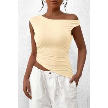 PRETTYGARDEN Womens 2025 Summer Off The Shoulder Crop Tops Sleeveless One Shoulder Ruched Asymmetrical Y2K Going Out Tank Top (Beige Yellow,Small)