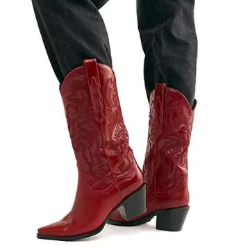 Mattiventon Cowgirl Boots for Women Vintage Embroidery Cowboy Boots Pull on Mid Calf Western Boots